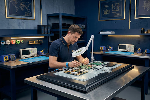 Técnico reparando televisor
